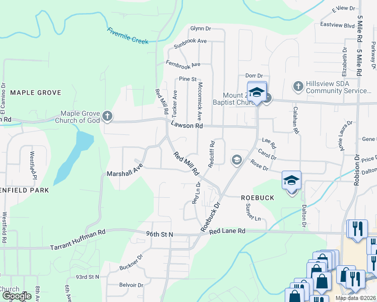 map of restaurants, bars, coffee shops, grocery stores, and more near 416 Hearn Circle in Birmingham