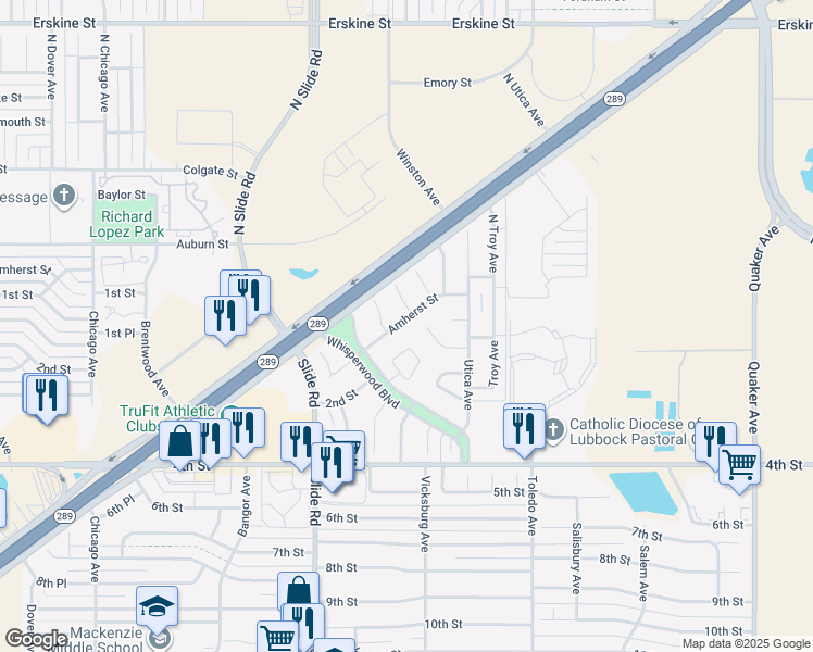 map of restaurants, bars, coffee shops, grocery stores, and more near 5003 Amherst Street in Lubbock