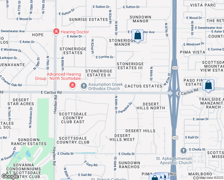 map of restaurants, bars, coffee shops, grocery stores, and more near 8325 East Wethersfield Road in Scottsdale