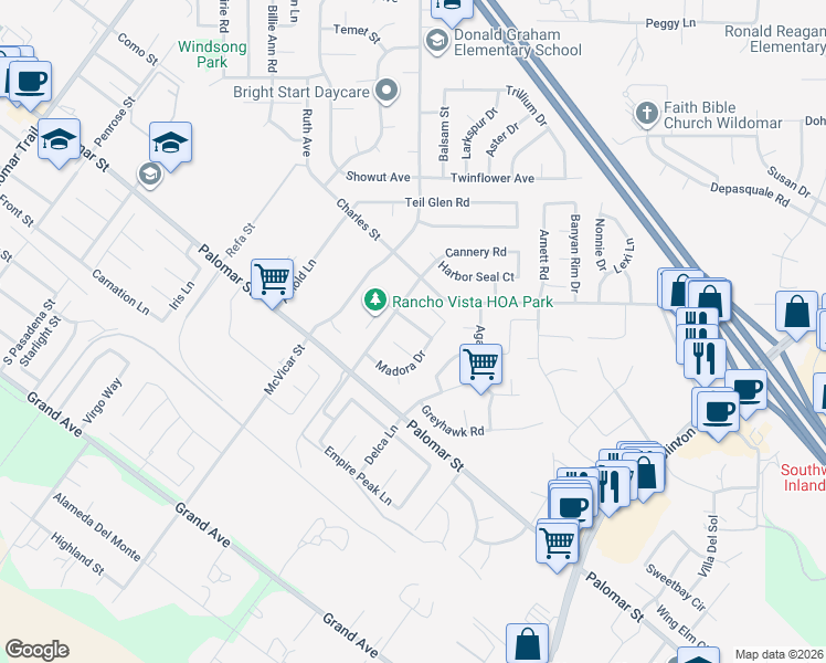 map of restaurants, bars, coffee shops, grocery stores, and more near 22981 Nan Street in Wildomar