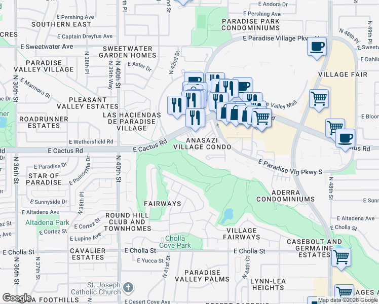 map of restaurants, bars, coffee shops, grocery stores, and more near 4303 East Cactus Road in Phoenix