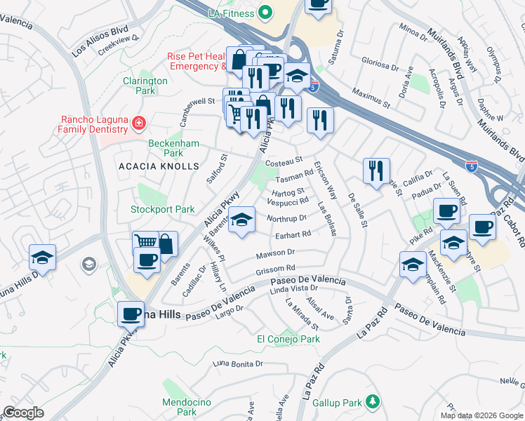 map of restaurants, bars, coffee shops, grocery stores, and more near 25101 Northrup Drive in Laguna Hills