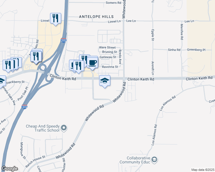 map of restaurants, bars, coffee shops, grocery stores, and more near 28251 Clinton Keith Road in Murrieta
