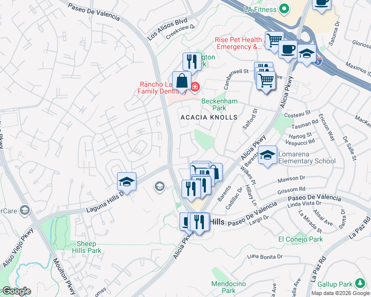 map of restaurants, bars, coffee shops, grocery stores, and more near 25211 Stockport Street in Laguna Hills