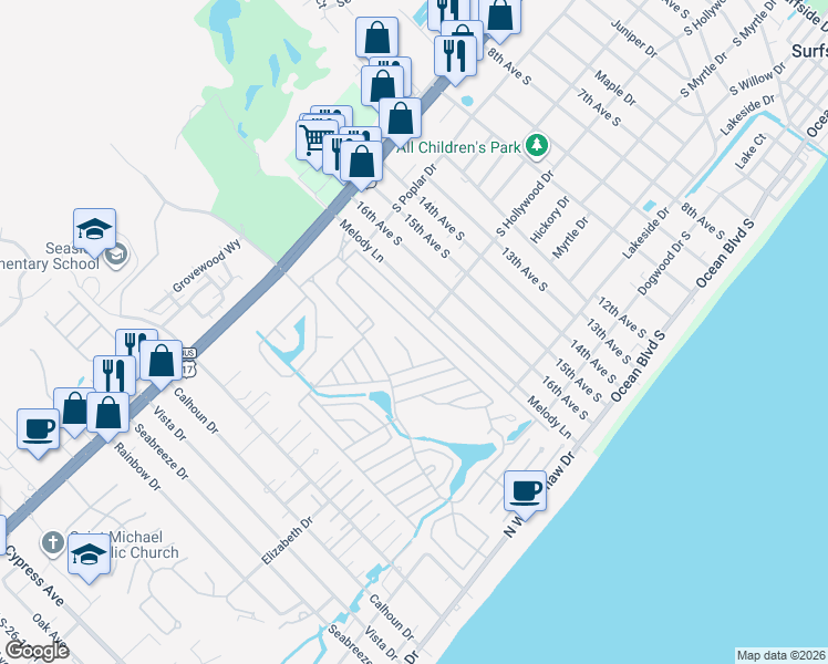 map of restaurants, bars, coffee shops, grocery stores, and more near 389 Meadowlark in Myrtle Beach