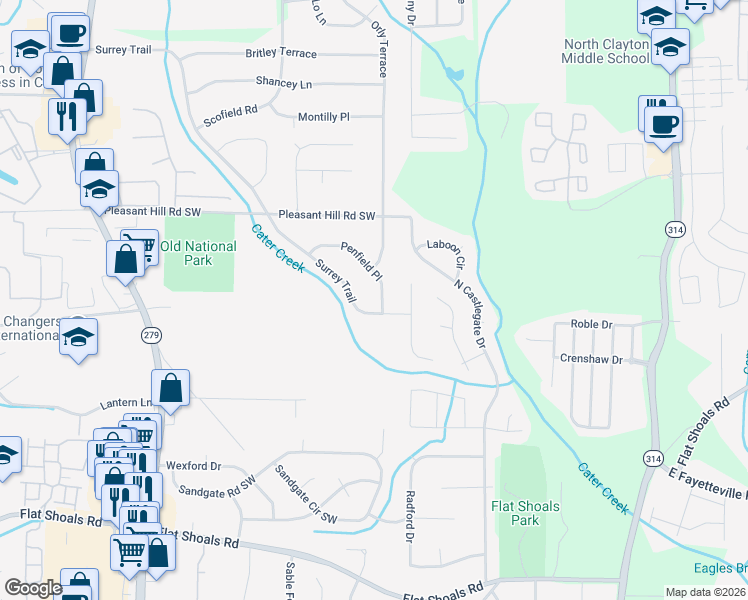 map of restaurants, bars, coffee shops, grocery stores, and more near 5845 Penfield Place in Atlanta