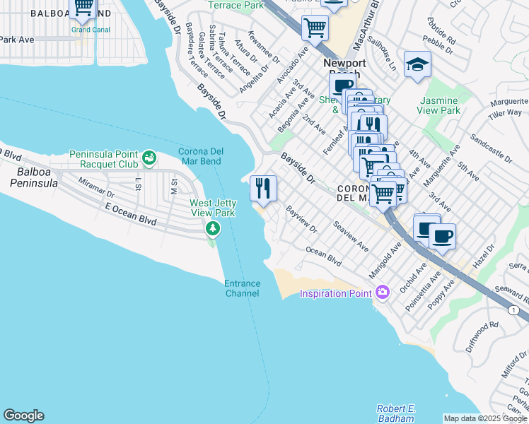 map of restaurants, bars, coffee shops, grocery stores, and more near 2609 Cove Street in Newport Beach