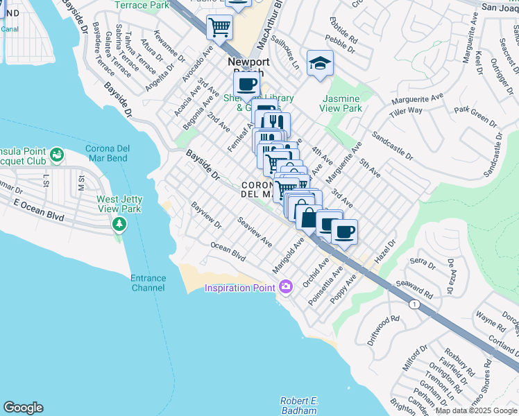 map of restaurants, bars, coffee shops, grocery stores, and more near 325 Jasmine Avenue in Newport Beach
