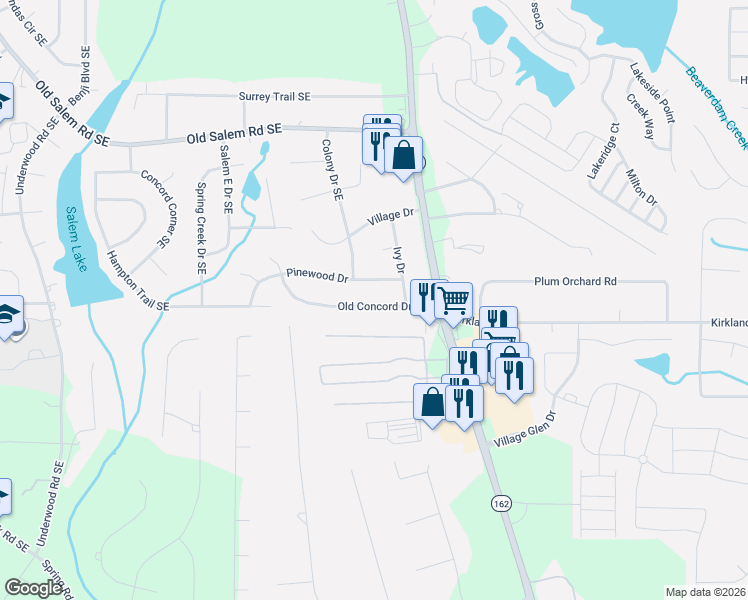 map of restaurants, bars, coffee shops, grocery stores, and more near 1950 Old Concord Drive Southeast in Covington