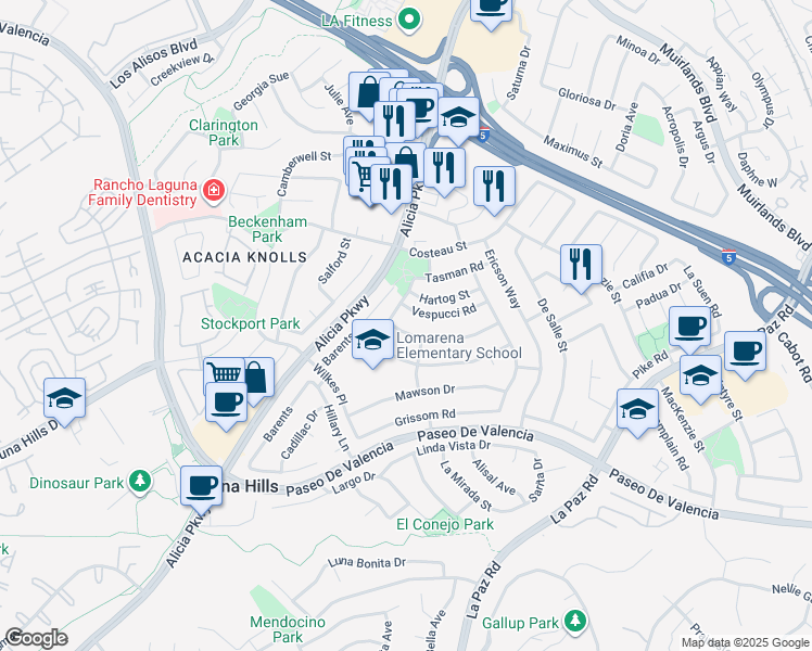 map of restaurants, bars, coffee shops, grocery stores, and more near 25101 Northrup Drive in Laguna Hills