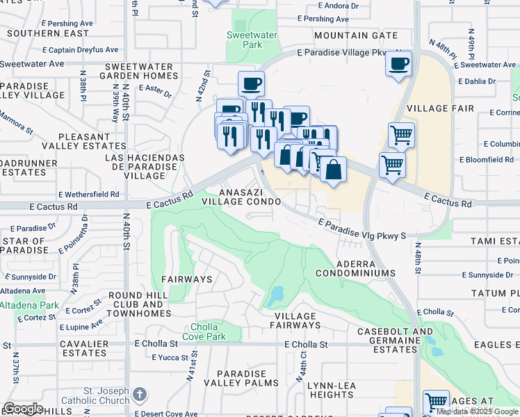 map of restaurants, bars, coffee shops, grocery stores, and more near 12212 North Paradise Village Parkway West in Phoenix