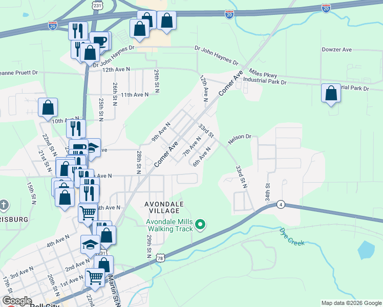map of restaurants, bars, coffee shops, grocery stores, and more near 3120 7th Ave N in Pell City