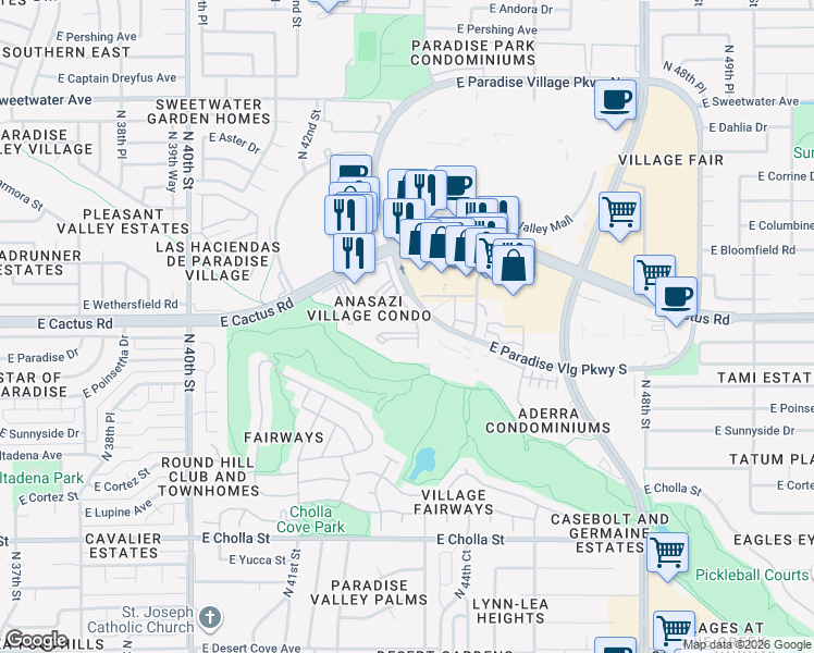 map of restaurants, bars, coffee shops, grocery stores, and more near 12212 North Paradise Village Parkway West in Phoenix