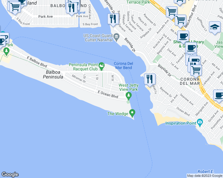 map of restaurants, bars, coffee shops, grocery stores, and more near 2100 Miramar Drive in Newport Beach