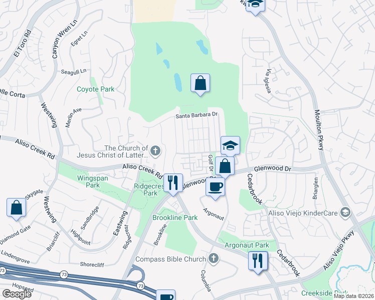 map of restaurants, bars, coffee shops, grocery stores, and more near 57 Santa Ynez Drive in Aliso Viejo