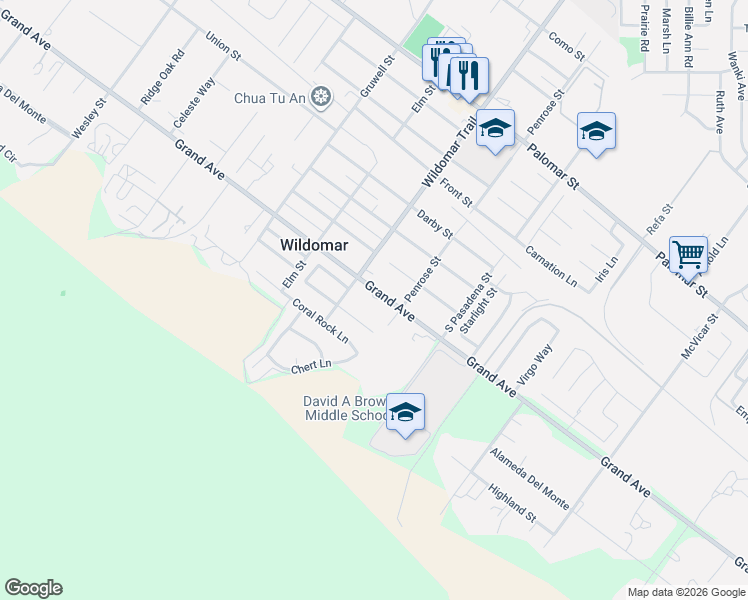 map of restaurants, bars, coffee shops, grocery stores, and more near 21597 Grand Avenue in Wildomar