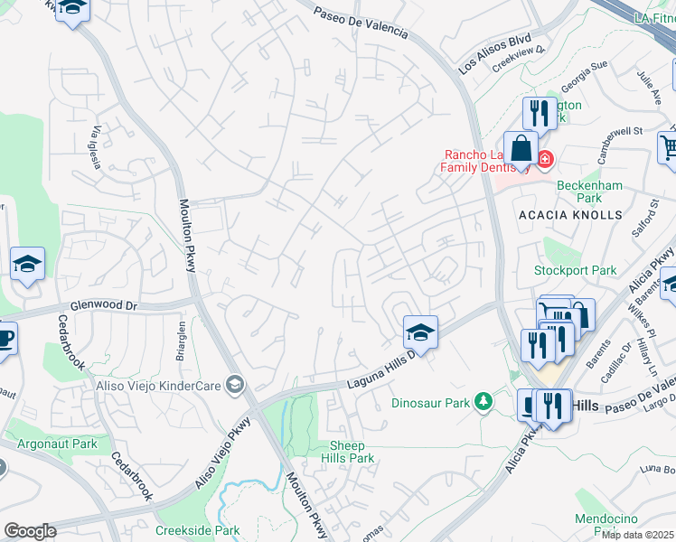 map of restaurants, bars, coffee shops, grocery stores, and more near 888 Ronda Sevilla in Laguna Woods