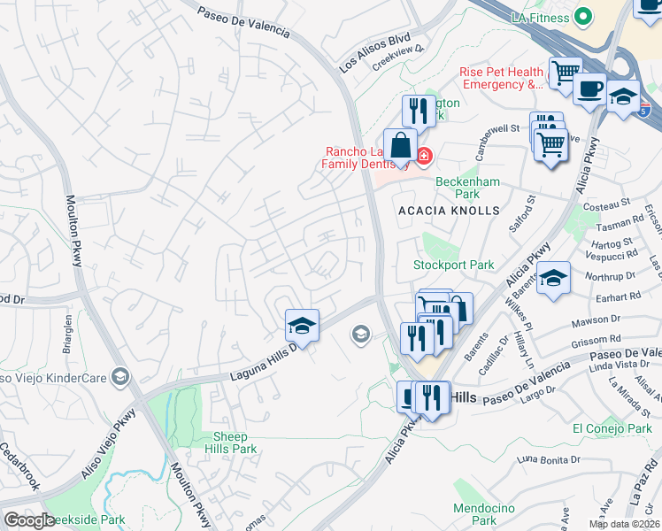 map of restaurants, bars, coffee shops, grocery stores, and more near 829 Via Alhambra in Laguna Woods