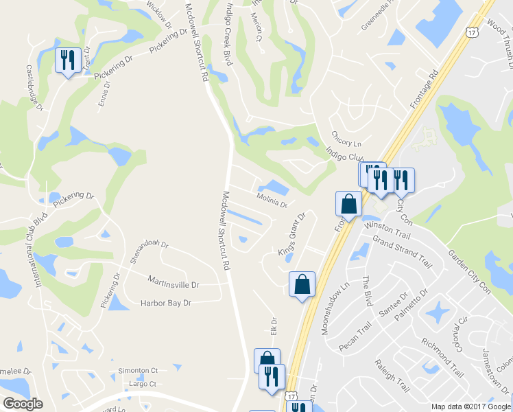 map of restaurants, bars, coffee shops, grocery stores, and more near 324 Stone Throw Drive in Murrells Inlet