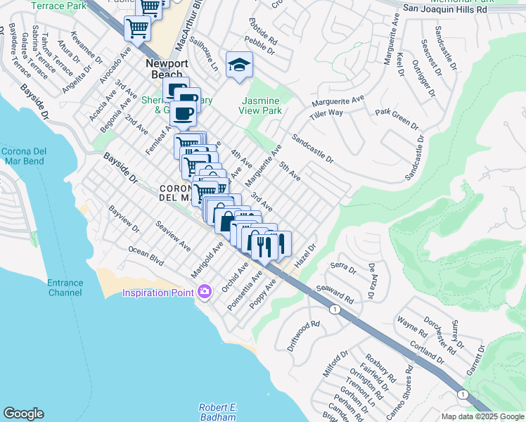 map of restaurants, bars, coffee shops, grocery stores, and more near 515 Narcissus Avenue in Newport Beach