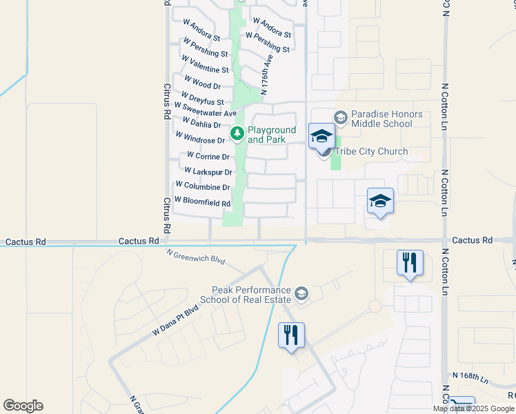 map of restaurants, bars, coffee shops, grocery stores, and more near 17653 West Bloomfield Road in Surprise