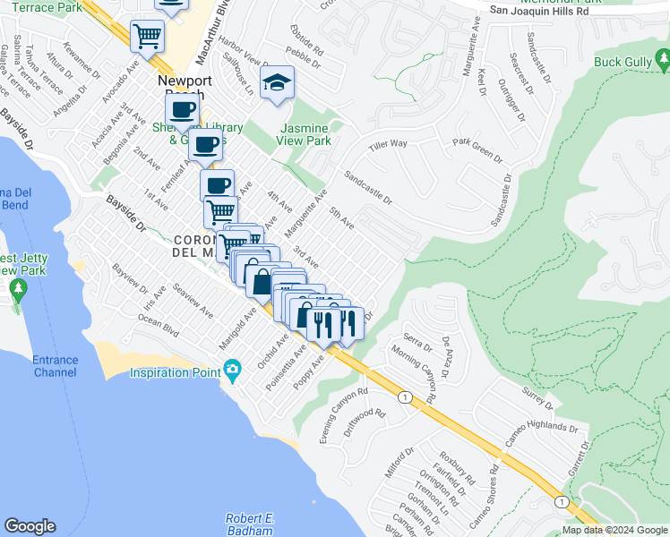 map of restaurants, bars, coffee shops, grocery stores, and more near 607 Orchid Avenue in Newport Beach