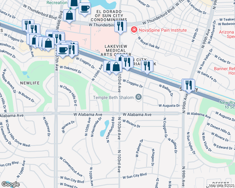 map of restaurants, bars, coffee shops, grocery stores, and more near 10303 West Oakmont Drive in Sun City