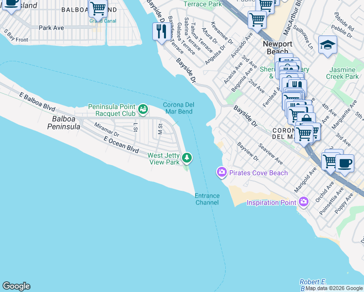 map of restaurants, bars, coffee shops, grocery stores, and more near 2258 Channel Road in Newport Beach