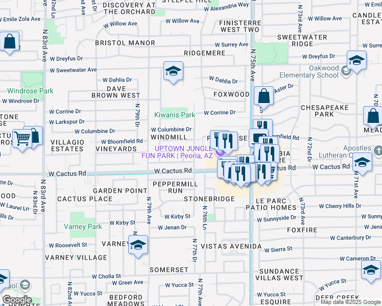 map of restaurants, bars, coffee shops, grocery stores, and more near 12330 North 77th Drive in Peoria