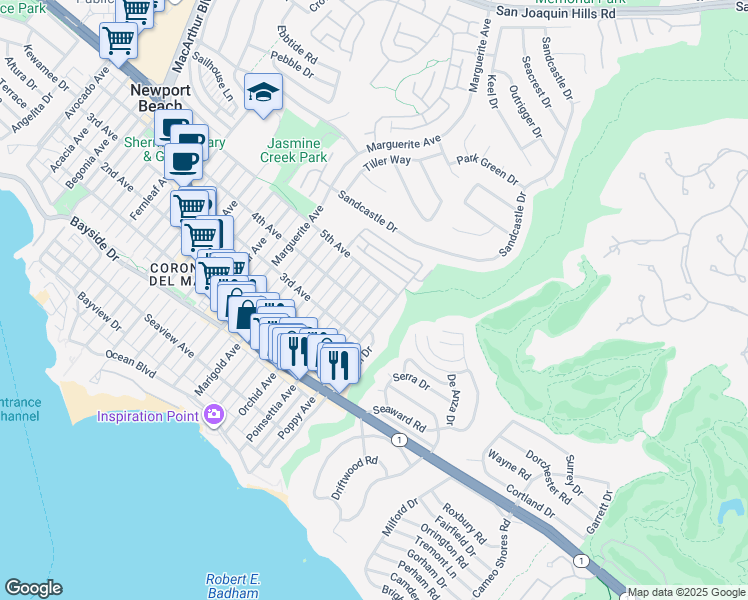 map of restaurants, bars, coffee shops, grocery stores, and more near 706 Poinsettia Avenue in Newport Beach