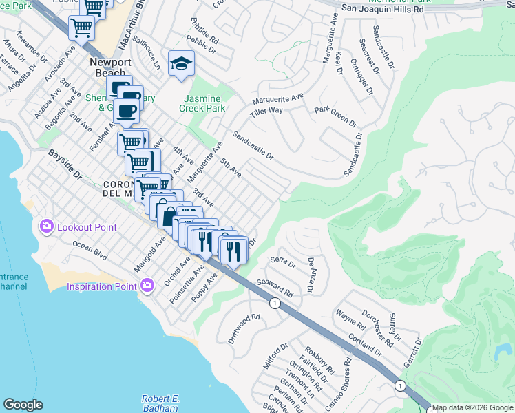 map of restaurants, bars, coffee shops, grocery stores, and more near 706 Poinsettia Avenue in Newport Beach