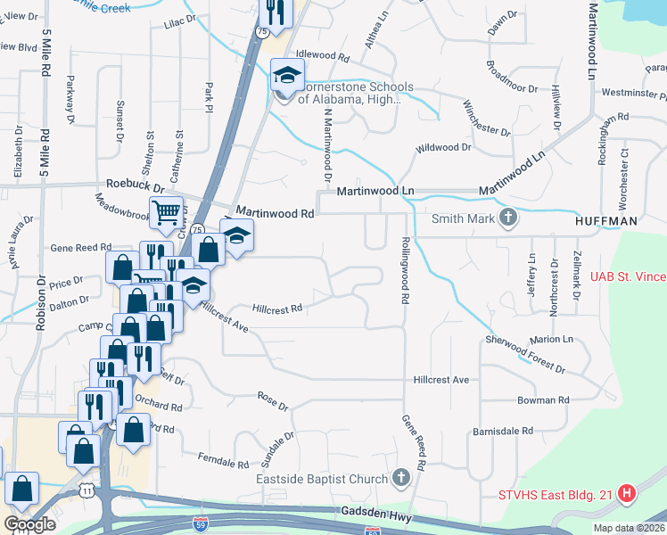 map of restaurants, bars, coffee shops, grocery stores, and more near 764 Gene Reed Road in Birmingham