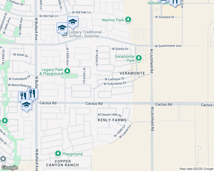 map of restaurants, bars, coffee shops, grocery stores, and more near 12432 North 142nd Court in Surprise