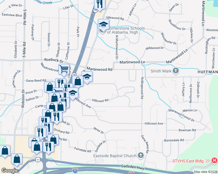 map of restaurants, bars, coffee shops, grocery stores, and more near 747 Gene Reed Road in Birmingham