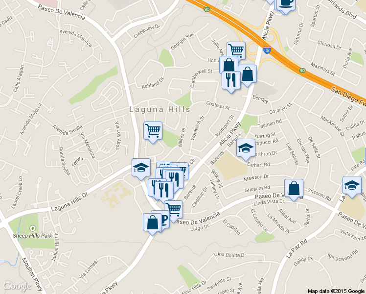 map of restaurants, bars, coffee shops, grocery stores, and more near 25132 Wilkes Place in Laguna Hills