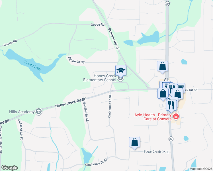 map of restaurants, bars, coffee shops, grocery stores, and more near 639 Crosscreek Trail Southeast in Conyers
