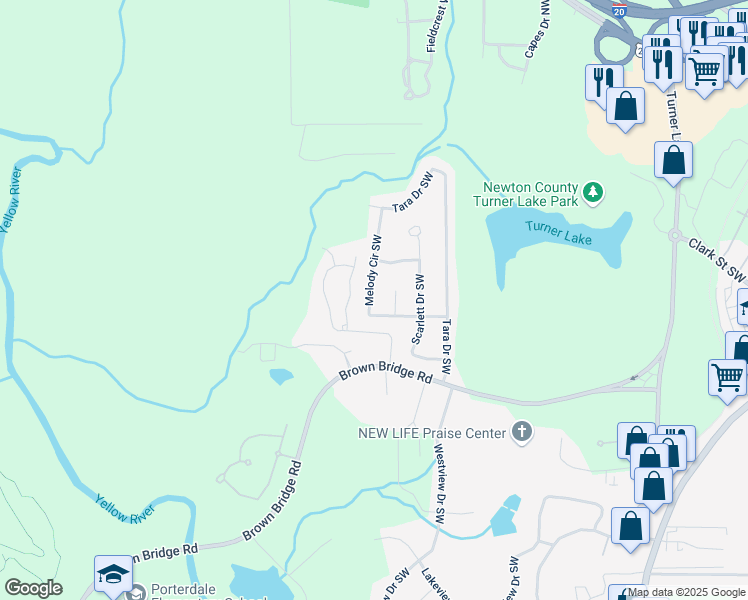map of restaurants, bars, coffee shops, grocery stores, and more near 9220 Melody Circle Southwest in Covington