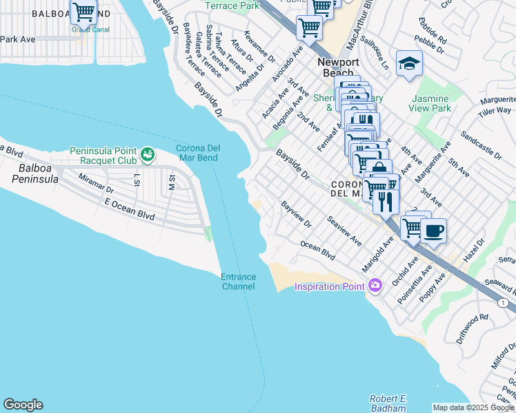 map of restaurants, bars, coffee shops, grocery stores, and more near 2600 Cove Street in Newport Beach