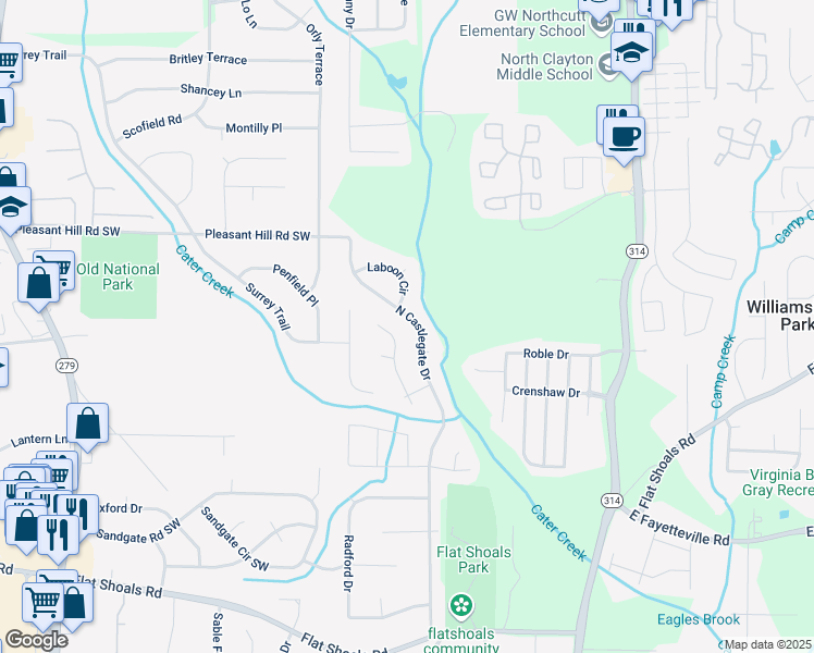 map of restaurants, bars, coffee shops, grocery stores, and more near 5809 North Castlegate Drive in Atlanta