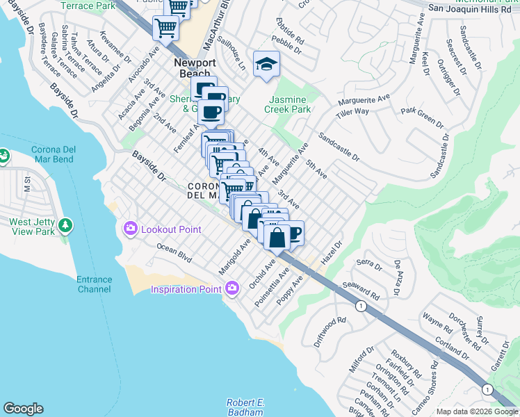 map of restaurants, bars, coffee shops, grocery stores, and more near 424 Marguerite Avenue in Newport Beach