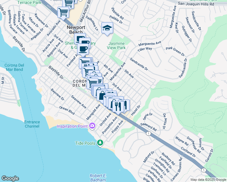 map of restaurants, bars, coffee shops, grocery stores, and more near 508 Marigold Avenue in Newport Beach