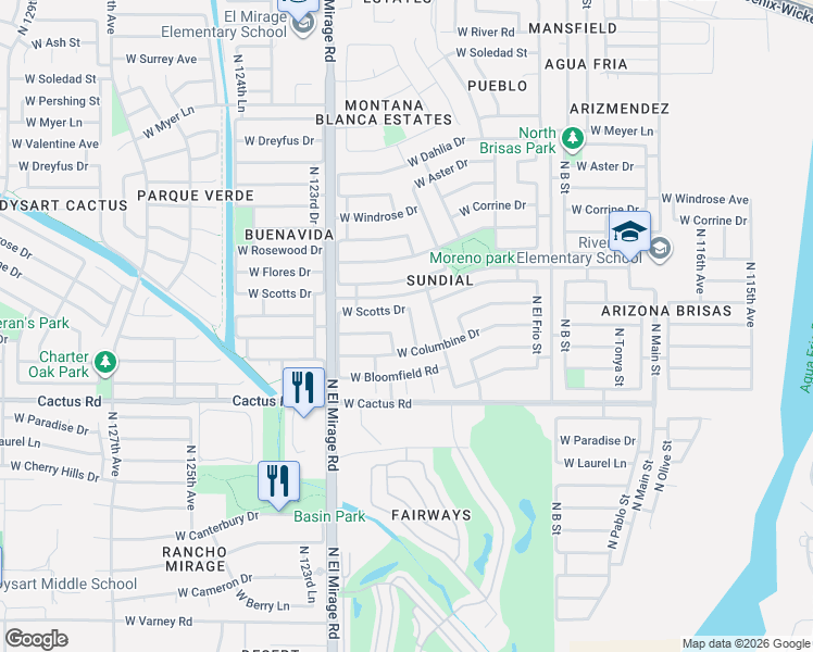 map of restaurants, bars, coffee shops, grocery stores, and more near 12426 North 121st Drive in El Mirage