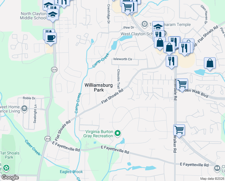 map of restaurants, bars, coffee shops, grocery stores, and more near 5792 Antelope Trail in Atlanta