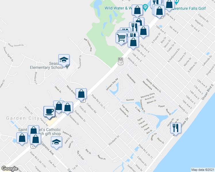 map of restaurants, bars, coffee shops, grocery stores, and more near 142 Georges Bay Road in Murrells Inlet