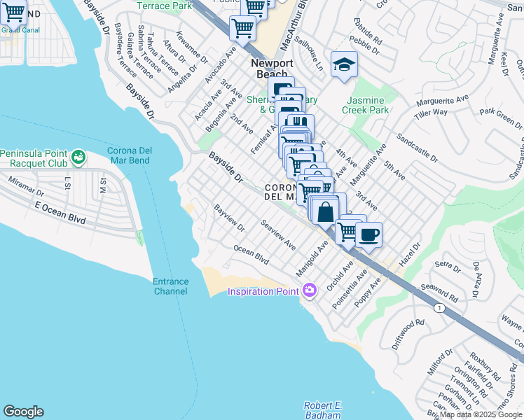 map of restaurants, bars, coffee shops, grocery stores, and more near 309 1/2 Breakers Drive in Newport Beach