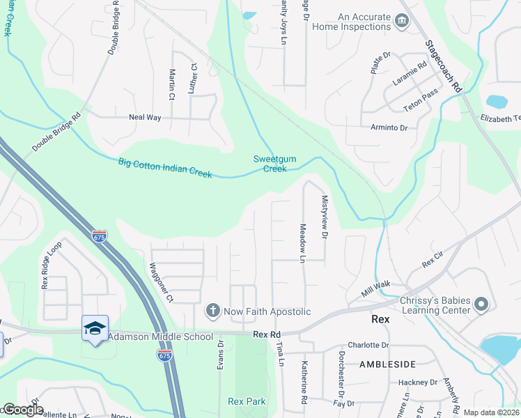 map of restaurants, bars, coffee shops, grocery stores, and more near 5780 Creekside Drive in Rex