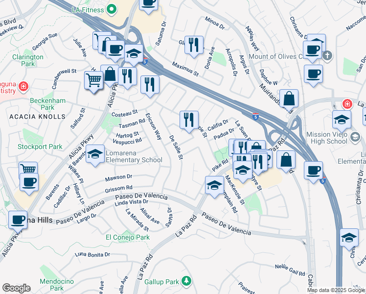 map of restaurants, bars, coffee shops, grocery stores, and more near 25451 Earhart Road in Laguna Hills