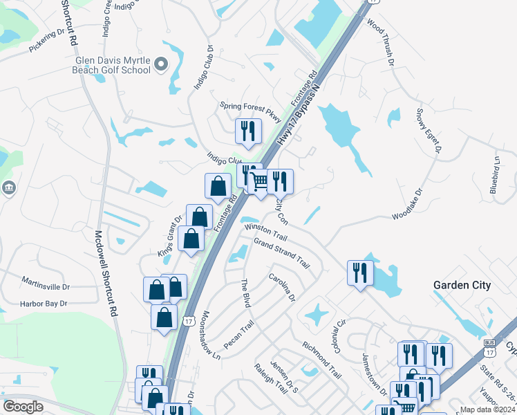 map of restaurants, bars, coffee shops, grocery stores, and more near 901 Garden City Connector in Murrells Inlet