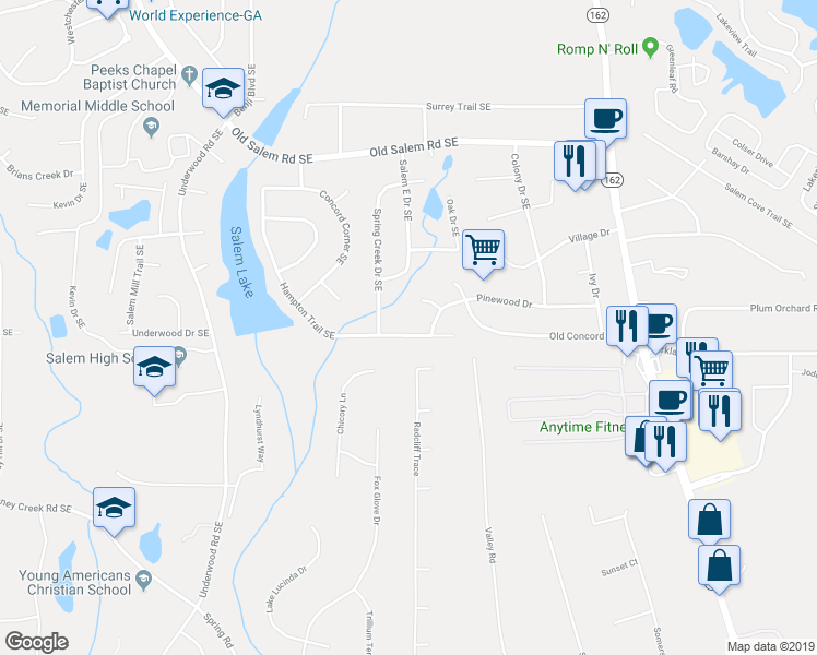 map of restaurants, bars, coffee shops, grocery stores, and more near 2210 Hampton Trail Southeast in Conyers