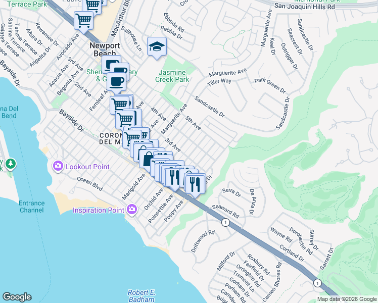 map of restaurants, bars, coffee shops, grocery stores, and more near 603 Orchid Avenue in Newport Beach